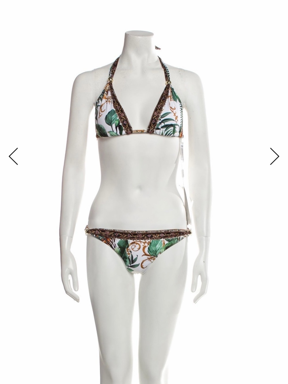 Camilla White Bikini with Green Leaf Print and Brown Trim